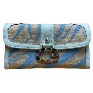 Vintage Y2K Guess Trifold Wallet Leather Canvas Blue Beige Zebra Stripe Retro